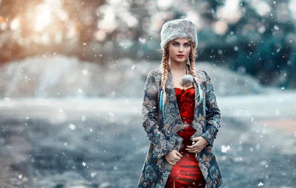 Картинка зима, взгляд, девушка, снег, косички, Alessandro Di Cicco