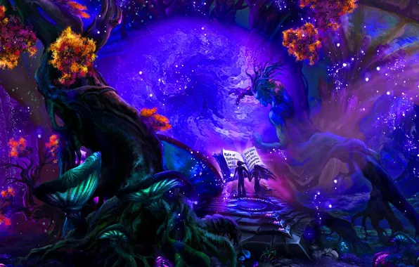 Картинка яркие краски, деревья, магия, грибы, дымка, книга, magic, чудеса, trees, book, mushrooms, fantasy art, boy …