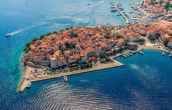 Картинка море, город, стены, пристань, башни, крепость, Хорватия, старый город, Адриатика, Корчула, Ядран, aerial foto