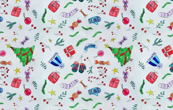 Картинка шарики, ветки, праздник, рисунок, текстура, плоды, Рождество, конфеты, подарки, белый фон, Новый год, шапки, хвоя, …