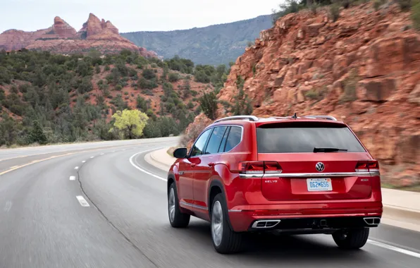 Картинка красный, движение, Volkswagen, сзади, SUV, Atlas, 2020