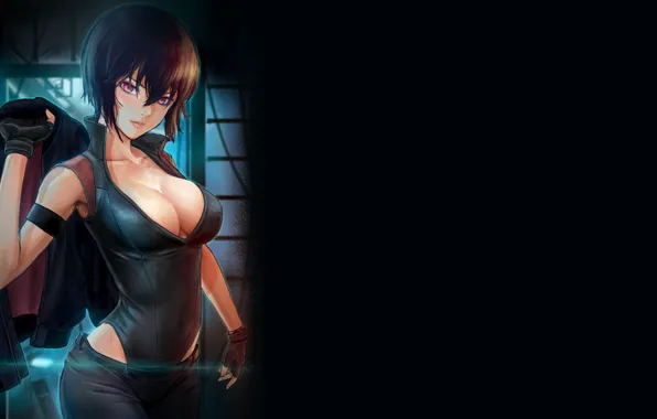 Картинка dark, girl, sexy, black, ghost in the shell, boobs, anime, pretty, leather, jacket, brests, motoko, …
