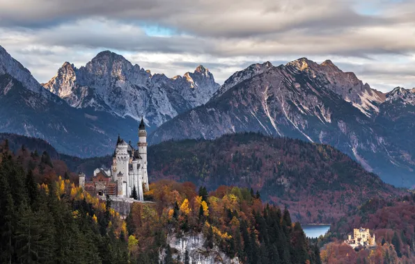 Картинка осень, пейзаж, горы, природа, замок, скалы, Германия, Бавария, Альпы, Нойшванштайн, Ioan Ovidiu Lazar
