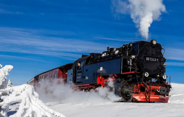 Картинка зима, снег, поезд, паровоз, Германия