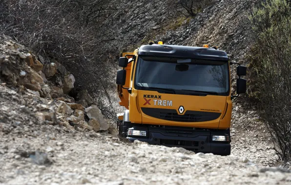 Картинка оранжевый, камни, грузовик, Renault, грунт, самосвал, 8x4, четырёхосный, Renault Trucks, Kerax