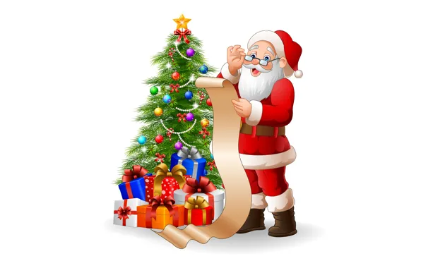 Картинка Рождество, подарки, белый фон, Новый год, ёлка, список, Санта-Клаус