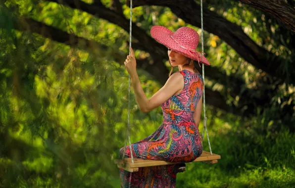 Картинка девушка, природа, поза, качели, дерево, шляпа, платье, Георгий Бондаренко