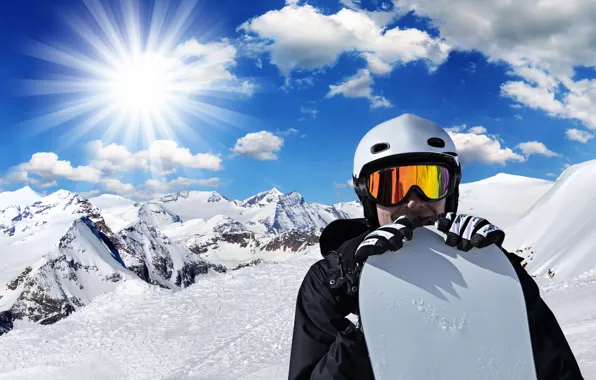 Картинка зима, небо, солнце, облака, лучи, снег, горы, фон, сноуборд, фотошоп, очки, куртка, перчатки, шлем, мужчина, …