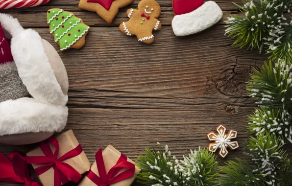 Картинка украшения, печенье, Рождество, подарки, Новый год, new year, Christmas, wood, cookies, decoration, пряники, gingerbread, gift …