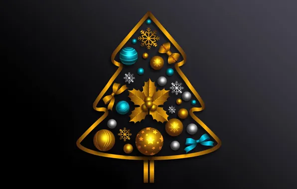 Картинка украшения, золото, елка, Рождество, Новый год, golden, christmas, черный фон, new year, happy, background, tree, …
