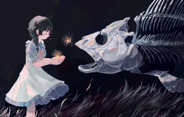 Картинка трава, звезды, ночь, рыба, фэнтези, скелет, девочка