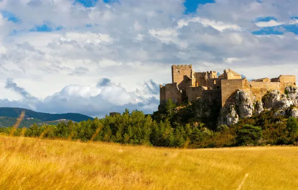 Картинка поле, осень, крепость, Испания, Арагон, замок Лоарре