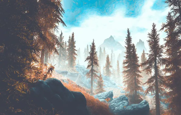 Картинка осень, горы, ели, Skyrim, by WatchTheSkiies