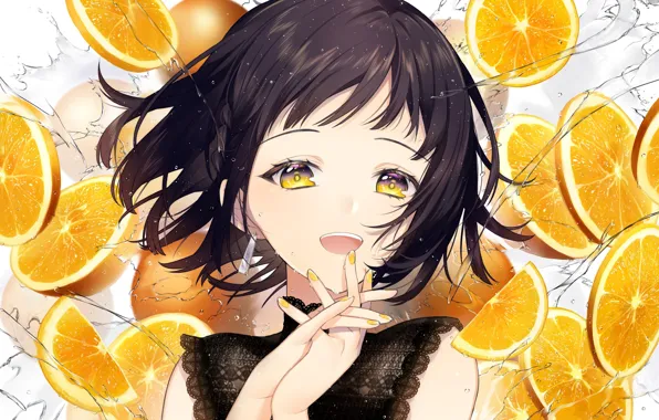 Картинка девушка, брызги, улыбка, апельсины