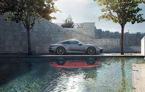 Картинка машина, вода, стиль, отражение, спортивная, поколения, Porsche 911 Carrera S, 992, 2019
