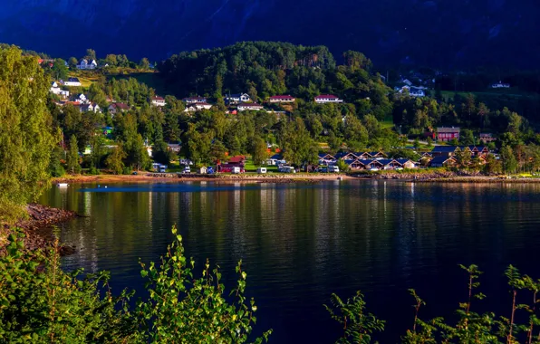Картинка фото, Дома, Город, Деревня, Залив, Норвегия, Hardangerfjord, Kinsarvik