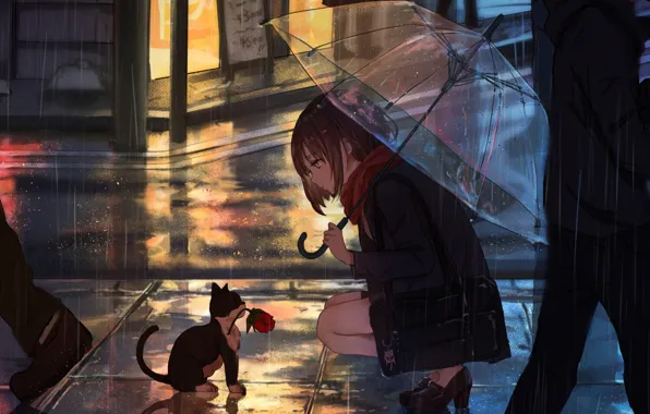 Картинка Girl, Anime, Flower, Rain, Umbrella, Cat