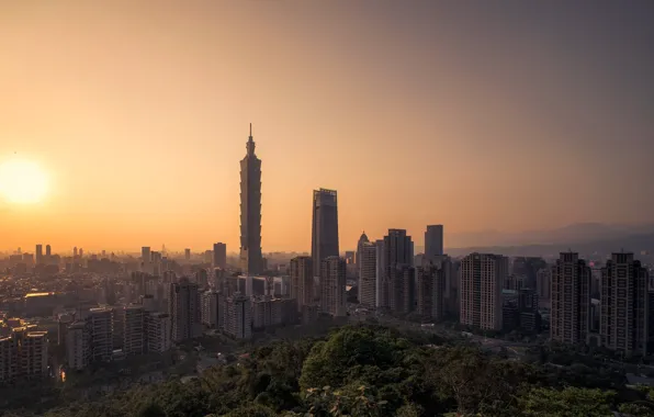 Картинка закат, небоскреб, дома, панорама, Тайвань, Тайбэй