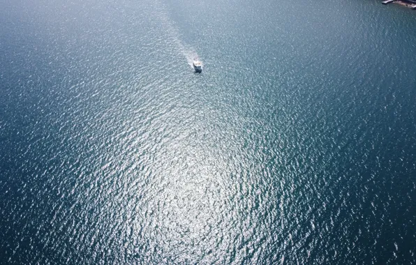 Картинка море, отражение, движение, лодка, сверху, кораблик