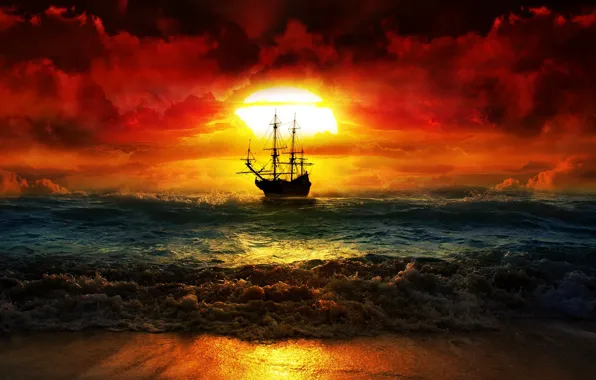 Картинка море, закат, корабль, зарево