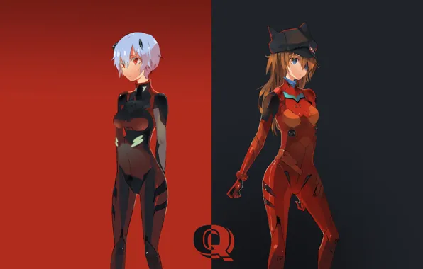 Картинка аниме, две девушки, Anime, персонажи, Evangelion, Neon Genesis, красно-черный фон