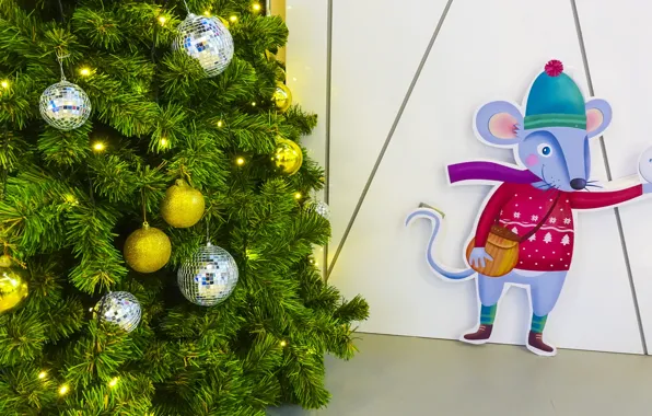 Картинка шарики, ветки, игрушки, мышь, мышка, силуэт, Новый год, ёлка, хвоя, нарядная, золотые, крыса, ёлочные, символ …