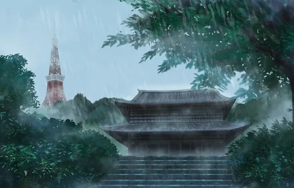 Картинка деревья, храм, ливень, токийская башня