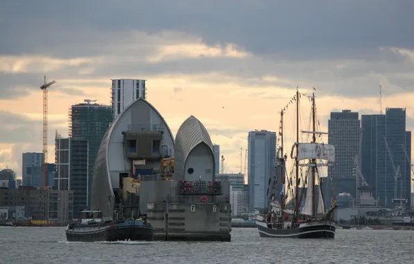 Картинка река, Лондон, корабли, постройки, England, The Thames Barrier at London