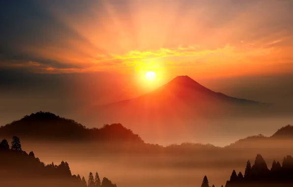 Картинка солнце, рассвет, гора, вулкан, Япония, Фудзияма
