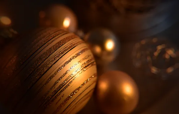Картинка шарики, блеск, шар, Рождество, Новый год, золотые, новогодние украшения