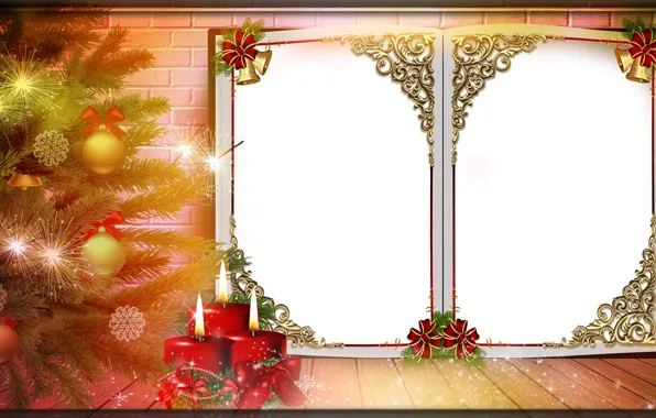 Картинка шарики, свет, ветки, огни, сияние, стена, пламя, праздник, узор, доски, свечи, рамка, Рождество, белый фон, …