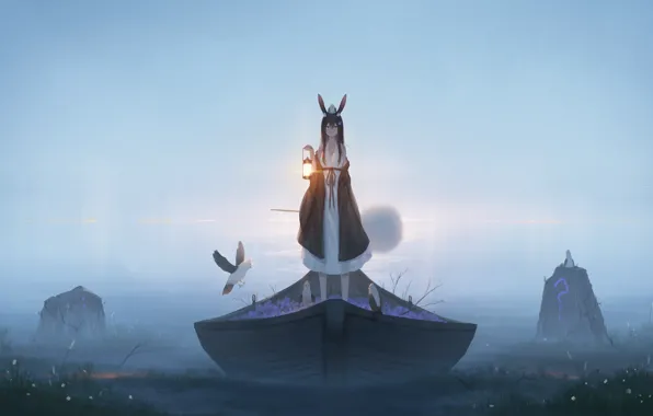 Картинка девушка, птицы, туман, лодка, фонарь