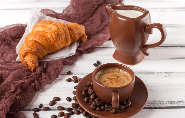 Картинка стол, кофе, завтрак, молоко, чашка, круассан, Roman Osadchiy
