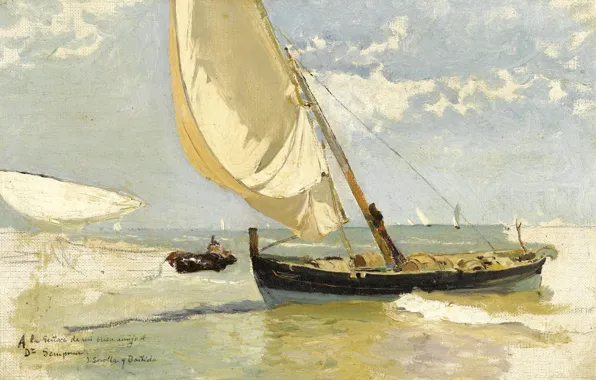 Картинка лодка, картина, парус, Хоакин Соролья, Joaquin Sorolla y Bastida, Изучение Пляжа