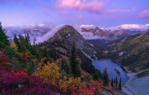 Картинка осень, деревья, горы, озеро, штат Вашингтон, Каскадные горы, Washington State, Cascade Range, North Cascades, Норт-Каскейдс, …