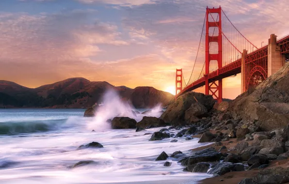 Картинка море, мост, камни, скалы, Сан-Франциско, Золотые Ворота, США