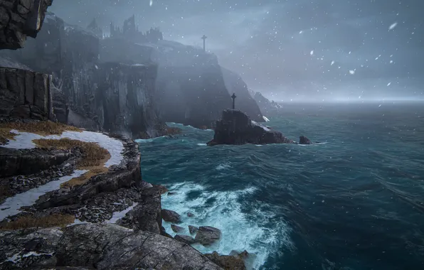 Картинка снег, пейзаж, природа, скалы, побережье, кресты, Uncharted: The Lost Legacy