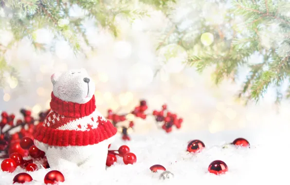 Картинка белый, шарики, свет, снег, праздник, игрушка, шарф, медведь, Рождество, мишка, красные, Новый год, хвоя, светлый …