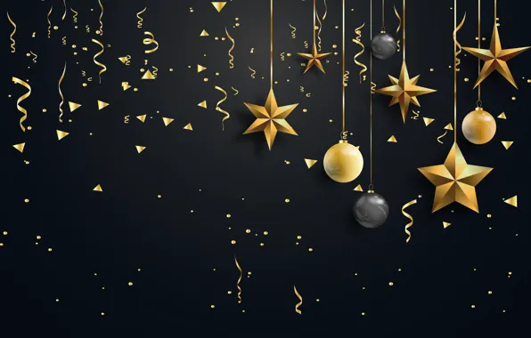 Картинка украшения, шары, Рождество, Новый год, golden, christmas, черный фон, new year, black, серпантин, balls, background, …