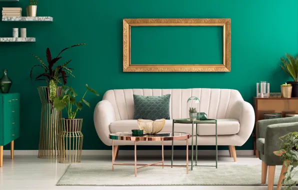 Картинка дизайн, стиль, интерьер, софа, гостиная, green living room