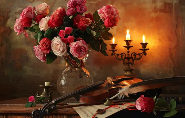 Картинка ноты, перо, скрипка, розы, букет, свечи, натюрморт