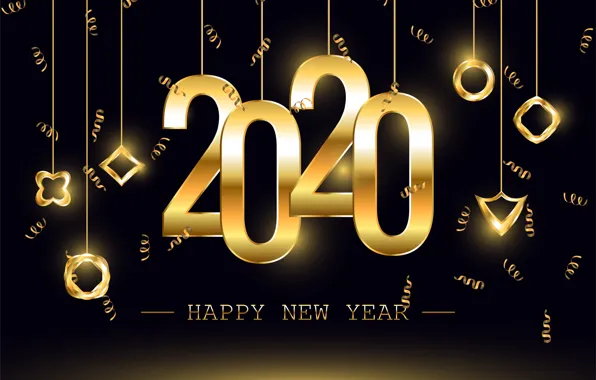 Картинка Новый год, golden, черный фон, black, background, New Year, decoration, 2020