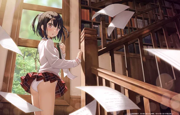 Картинка случайность, книги, лестница, библиотека, школьница, много, у окна, мини-юбочка, листы бумаги, by Kantoku