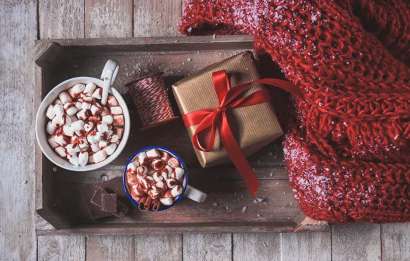 Картинка подарок, шоколад, шарф, какао, cups, marshmallows, Valeria Aksakova