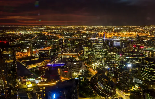 Картинка ночь, город, огни, река, здания, дома, Австралия, панорама, мосты, вид сверху, Melbourne, Мельбурн