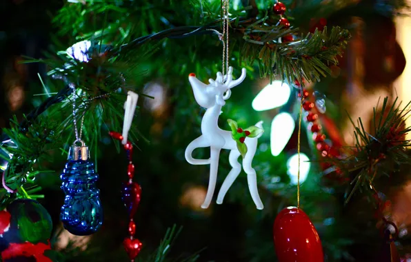 Картинка зима, праздник, игрушки, олень, Рождество, Новый год, новогодние украшения, новогодние декорации