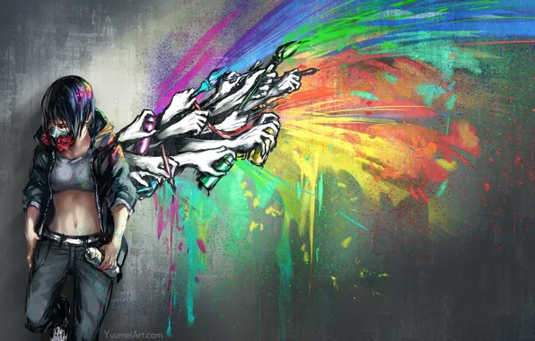 Картинка девушка, цветы, брызги, граффити, руки, крыло, респиратор, баллончик с краской, yuumei