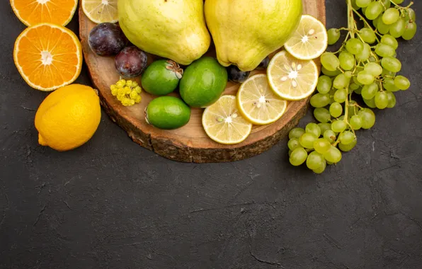 Картинка апельсины, виноград, серый фон, лимоны, айва