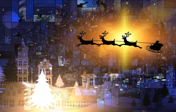 Картинка Рождество, Новый год, сани, Санта Клаус, олени
