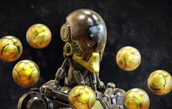 Картинка будущее, темный фон, шары, робот, вращение, future, robot, balls, датчики, сферы, spheres, dark background, sensors, …